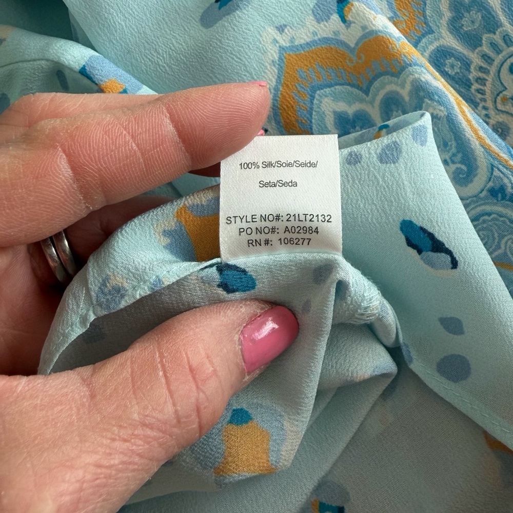Hale Bob Light Blue Tie-Front Bohemian-inspired prints,  100% Silk Blouse SZ S - Picture 7 of 8
